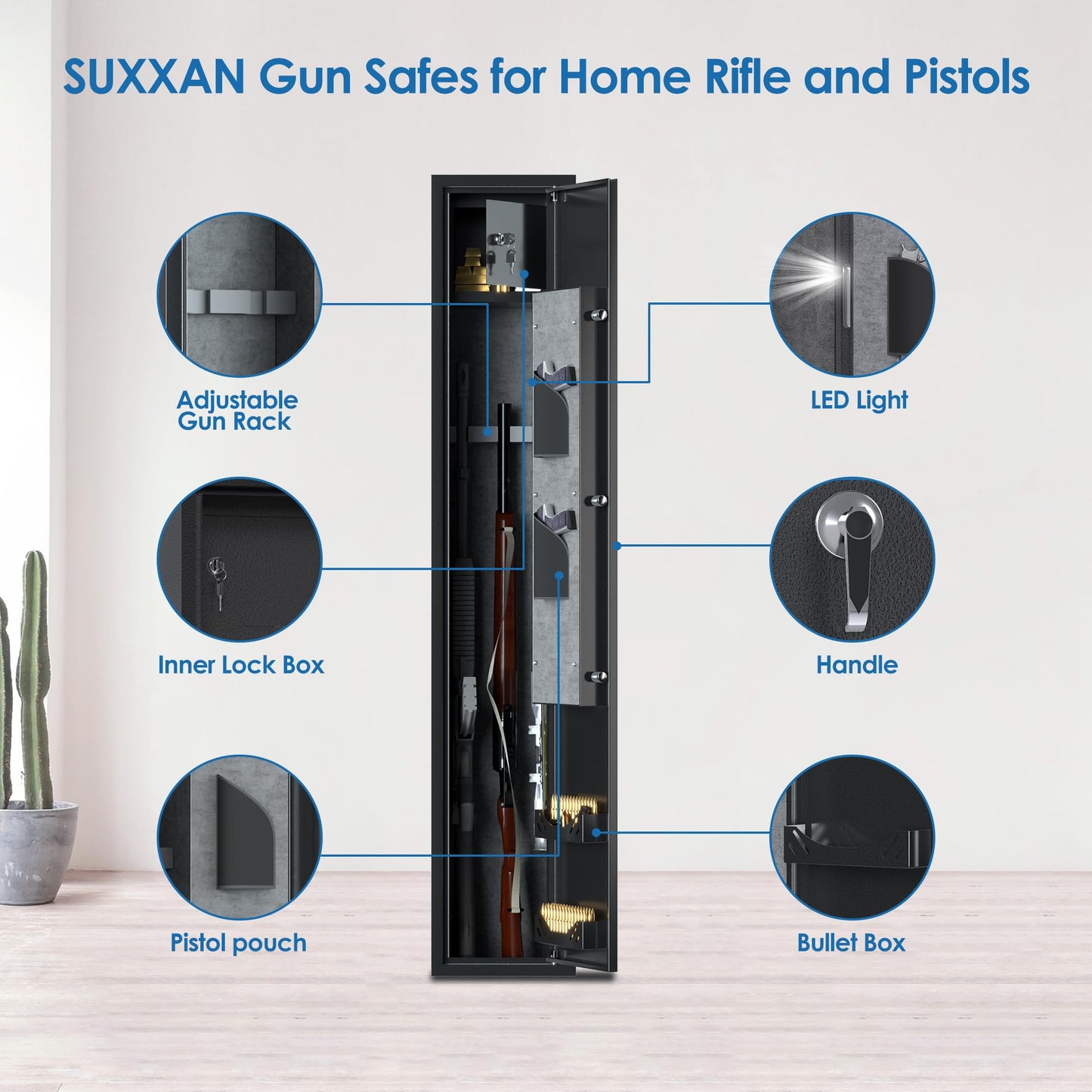 SUXXAN Home Rifle and Pistols Gun Safe with LED light & Alarm System,Biometric Fingerprint Rifle Safe,Quick Access 1-3 Rifle and 2 Pistol,Long Gun Cabinet with Removable Shelf,Built-in Small  - WoodArtSupply