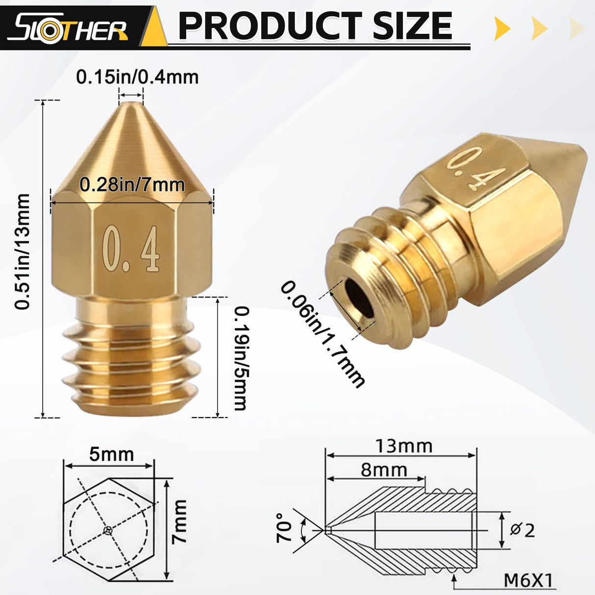 26pcs MK8 Nozzles Multi Size, 3D Printer Brass Hotend Nozzles 0.2mm/0.3mm/0.4mm/0.5mm/0.6mm/0.8mm/1.0mm with DIY Tools Compatible with Neptune 3 Series and More Slother