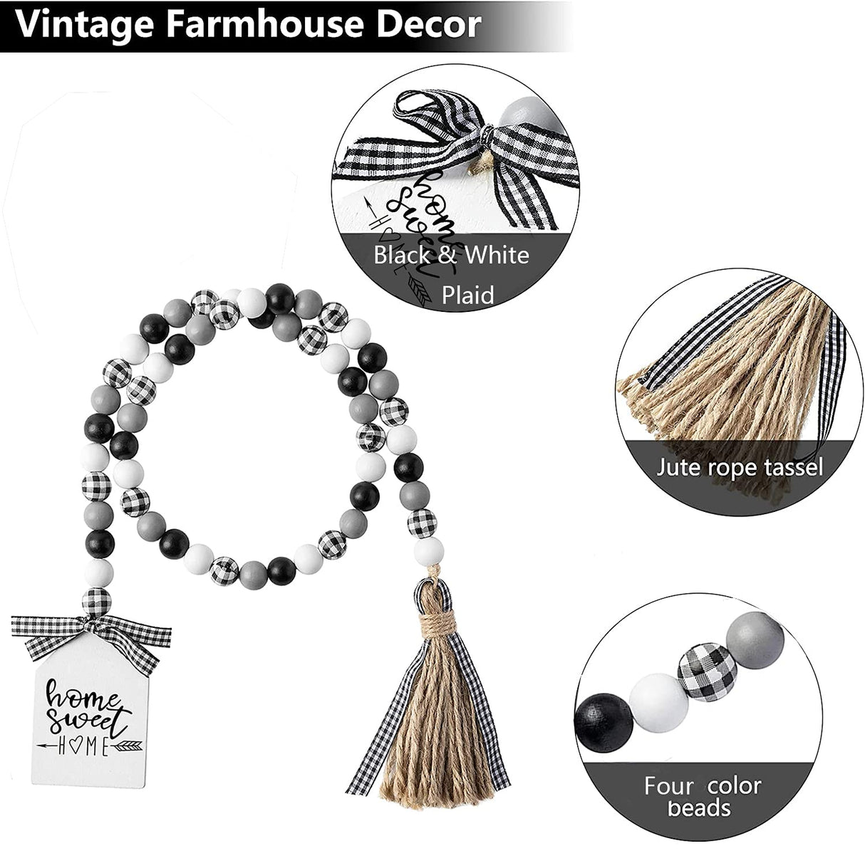 Farmhouse Plaid Wood Bead Garland with Tassel 40inch Hanging Decor Home Decorative Home Sign for Farmhouse Tiered Tray Wreath Elifel
