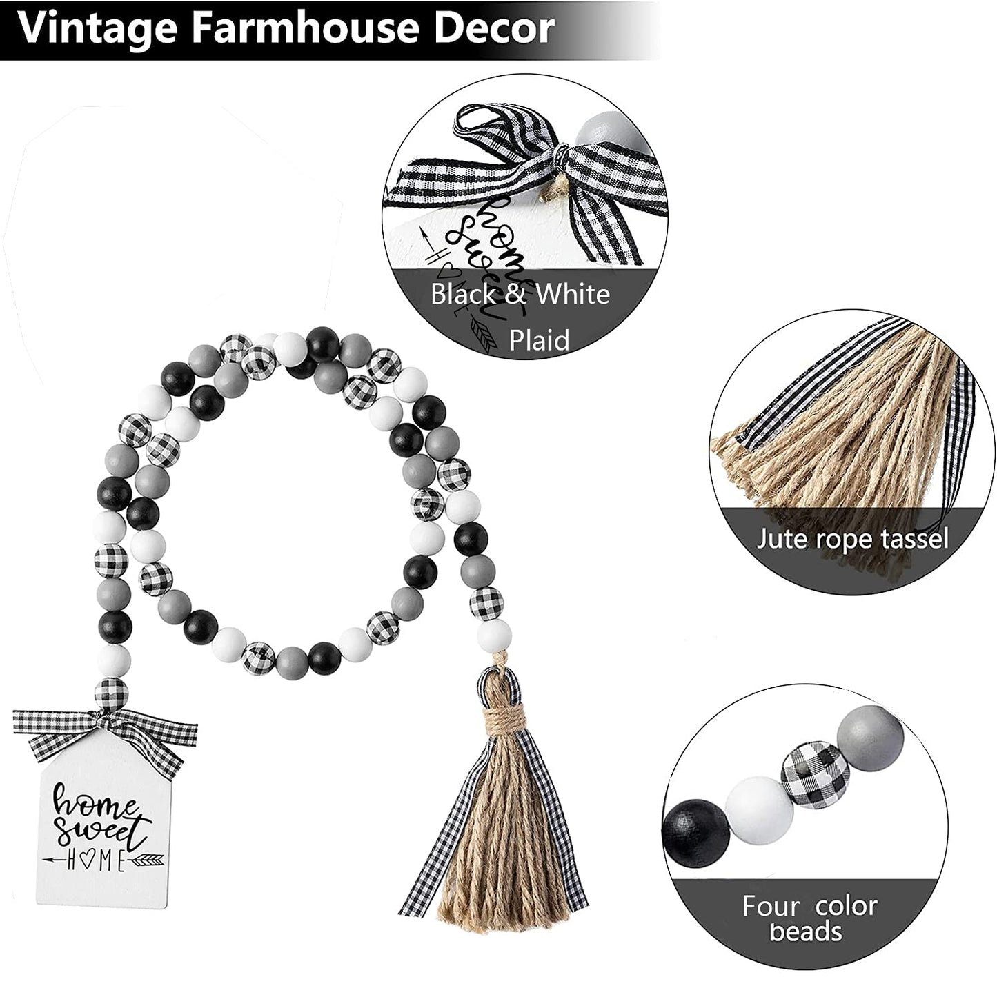 Farmhouse Plaid Wood Bead Garland with Tassel 40inch Hanging Decor Home Decorative Home Sign for Farmhouse Tiered Tray Wreath