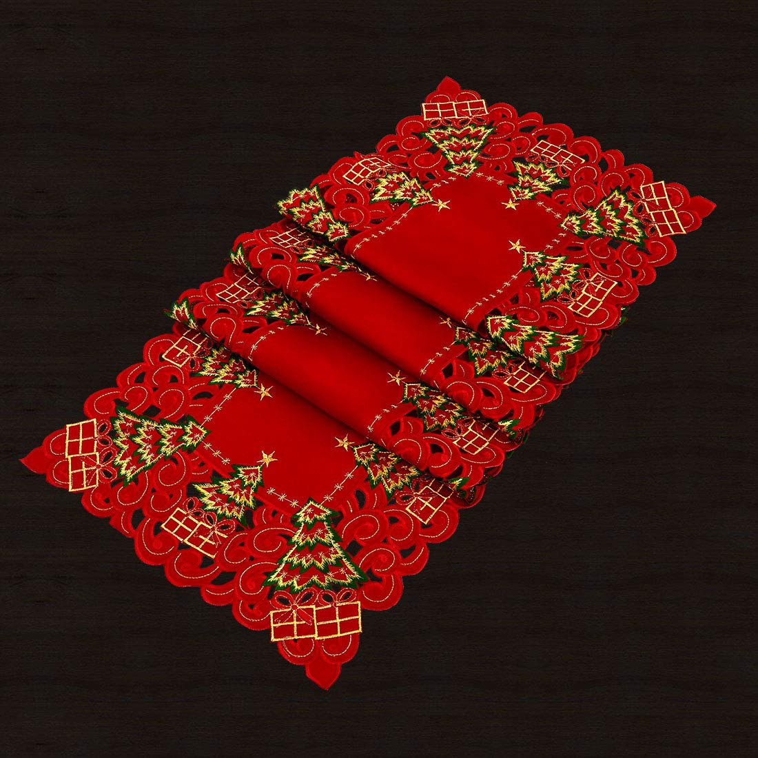 Grelucgo Embroidered Christmas Holiday Holly Tree Table Runner, Dresser Scarf, Rectangular 16 x 72 Inch Grelucgo