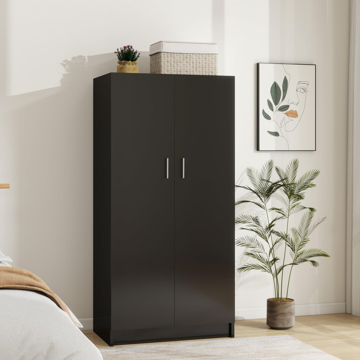 Panana 2 Door Wardrobe Closet Bedroom Armoires with 2 Shelves Storage, Hanging Rail for Bedroom (Black) Panana