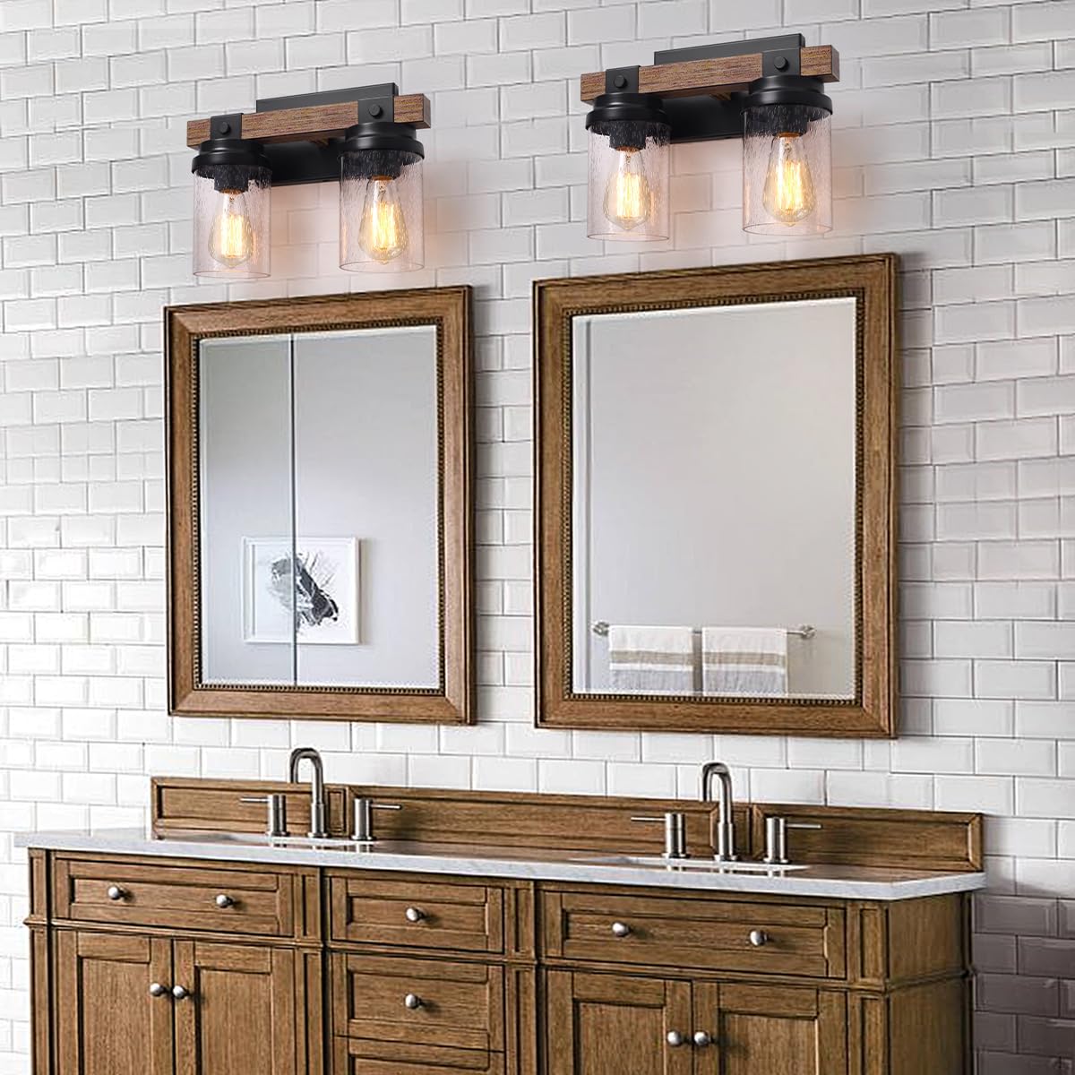 2-Light Farmhouse Vanity Lights for Bathroom, Rustic Bathroom Light Fixtures with Pretty Glass Shade, Black Industrial Wood Grain Wall Sconce for Bathroom Hallway Bedroom - WoodArtSupply