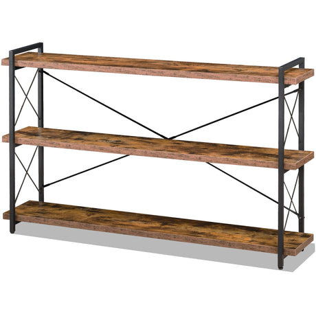 HCHQHS Bookshelf, 3-Tier Long Industrial Bookcase, Rustic Open Book Shelf, Freestanding Horizontal Bookshelves with Metal Frame HCHQHS
