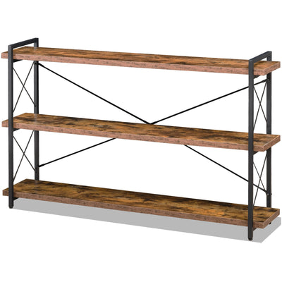 HCHQHS Bookshelf, 3-Tier Long Industrial Bookcase, Rustic Open Book Shelf, Freestanding Horizontal Bookshelves with Metal Frame