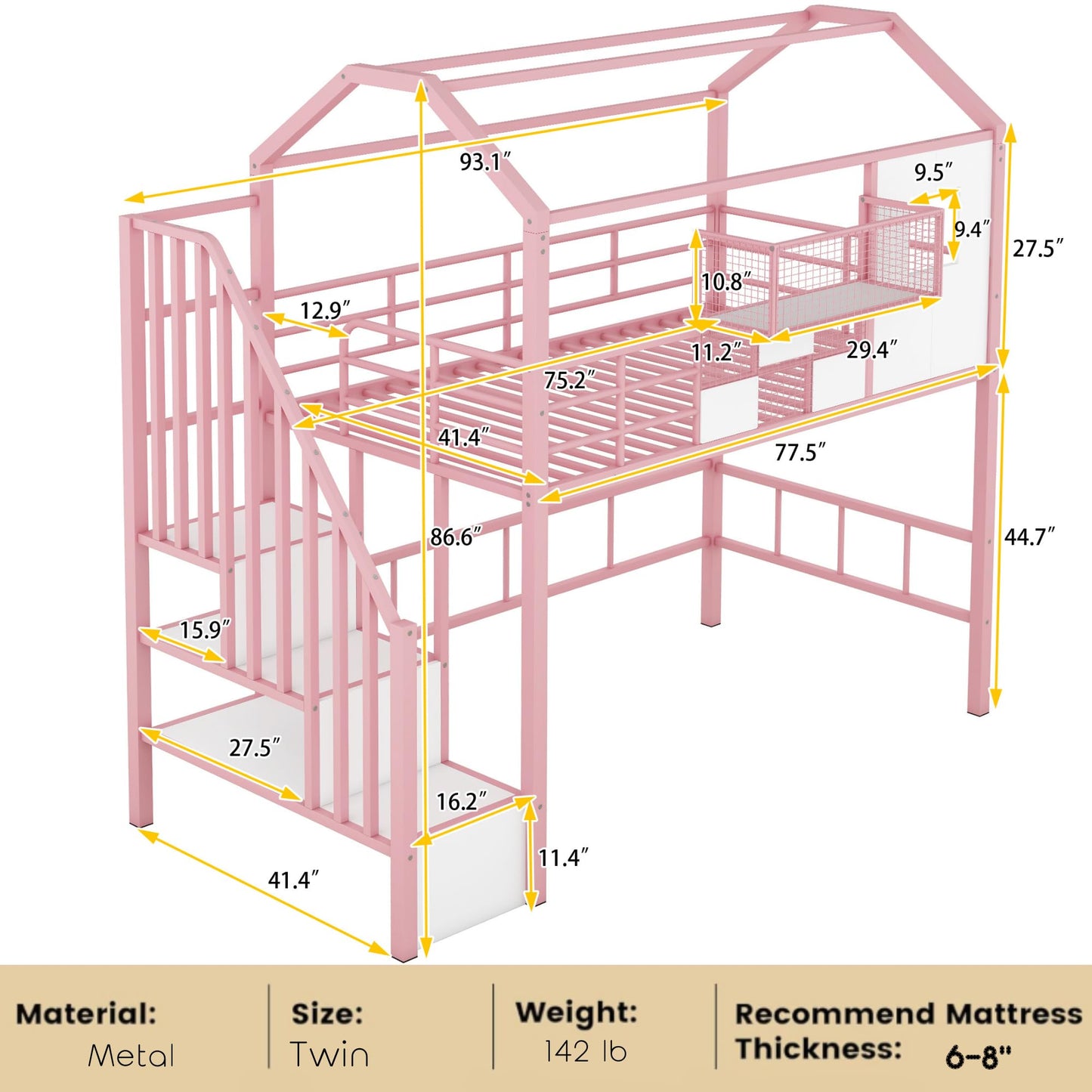 Twin Size House Loft Bed with Stairs and Storage, Heavy-Duty Metal Princess Loft Bed Frame with Storage Box and Safety Rail for Girls Kids Teens, Pink