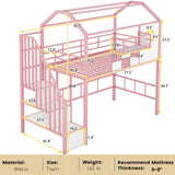 Twin Size House Loft Bed with Stairs and Storage, Heavy-Duty Metal Princess Loft Bed Frame with Storage Box and Safety Rail for Girls Kids Teens, Pink Bellemave