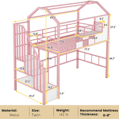 Twin Size House Loft Bed with Stairs and Storage, Heavy-Duty Metal Princess Loft Bed Frame with Storage Box and Safety Rail for Girls Kids Teens, Pink