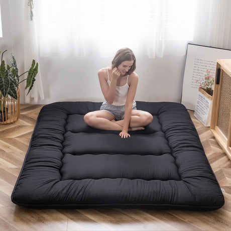 MAXYOYO Japanese Floor Mattress Futon Mattress, 4" Thicken Tatami Mat Sleeping Pad Foldable Roll Up Mattress Boys Girls Dormitory Mattress Pad Kids Floor Lounger Pillow Bed, Black, Twin Size MAXYOYO