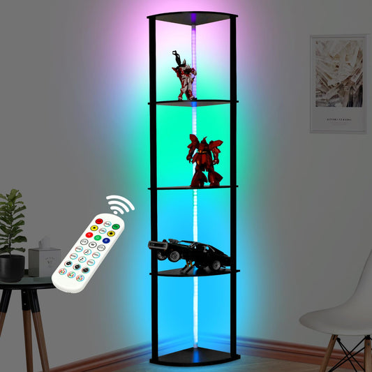 5 Tiers Corner Shelf with Light, with 6 Color RGB LED, Corner Bookshelf Cabinet with App and Remote Control, Small Space Display Shelves for Living Room Bedroom, Modern Home Decor Bracket Floor Lamps