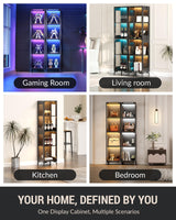 Glass Display Cabinet with Single Door, 4-Tier Display Case with Adjustable Shelves, RGB LED Lights with App & Remote Control, Metal Base Curio Storage Cabinet for Collectibles, Books, Living Room Zephome