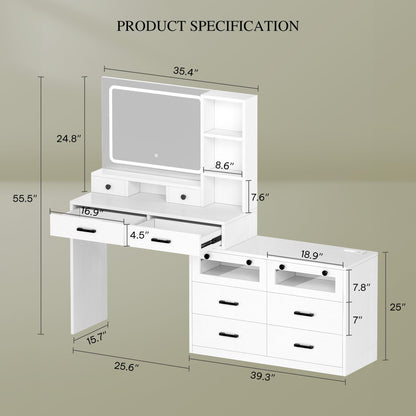 Vanity Desk with Mirror and Light, 65" Makeup Mirror Table Set with 3 Lighting Modes Adjustable, Large Makeup Dressing Vanity Table with Charging Station, 10 Drawers and 4 Storage Shelves, White