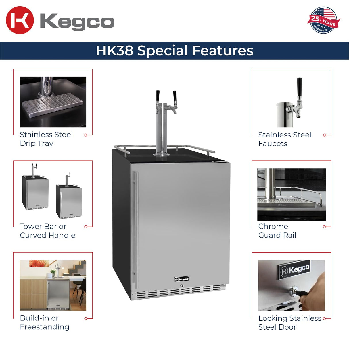 Kegco Kegerator 24" Wide Dual Tap Black/Stainless Steel Undercounter Beer Dispenser HK38BSU-2 Kegco