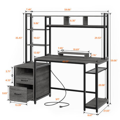 Vabches Computer Desk with Drawers and Shelves, Home Office Desk with Hutch Removable Monitor Stand, Gaming Desk with LED Lights Power Outlets for Study Office Writing Game (Rustic Grey) - WoodArtSupply