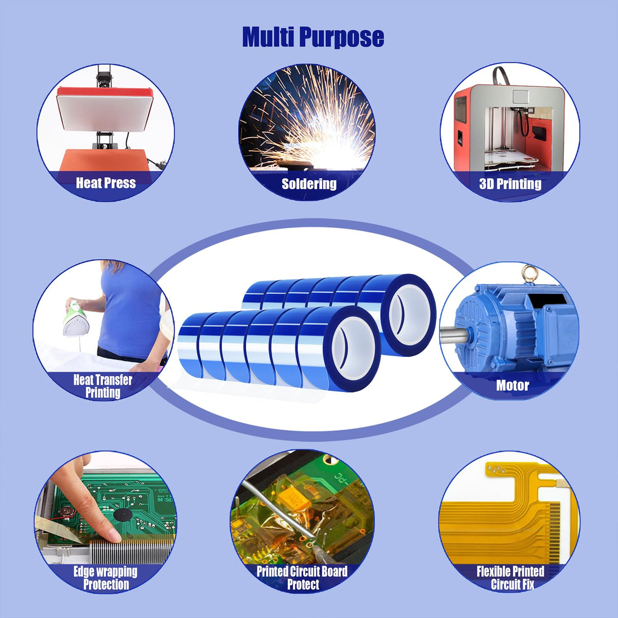 MEBMIK 12 Rolls 20mm x16m(52FT) Blue Heat Tape High Temperature Heat Resistant Tape Heat Transfer Tape for Heat Sublimation Press Vinyl,No Residue MEBMIK