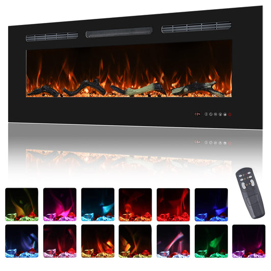 Oxhark Flame 48inch Electric Fireplace in Wall Recessed and Wall Mounted Fireplace Electric, 13 Flame Colors, Realistic Logs &Crystals Fuel Bed, Adjustable Temperature and Timer, 750W/1500W, Black