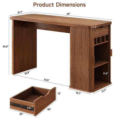 ONBRILL 59 Inch Kitchen Island with Storage, Fluted Counter Height Table, Mid-Century Modern Kitchen Island Table with Sliding Door, Home Bar Tables with Wine Rack and Drawers Walnut ONBRILL