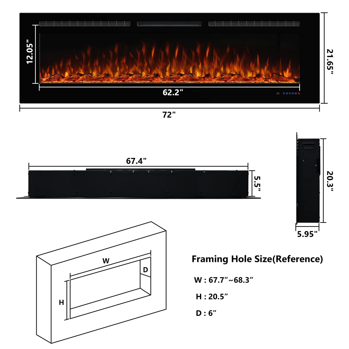 Dreamflame Smart Electric Fireplace 72inch, Recessed& Wall-Mounted Fireplace Inserts, Multicolor Flame w/5 Dimmer, WiFi Control Thermostat&Timer, Low Noise& Hardwire Connect, 1500W, Black