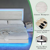 AMERLIFE Distressed White Queen Bed Frame with Floating Design, Reclining Headboard, and Versatile LED Lighting AMERLIFE