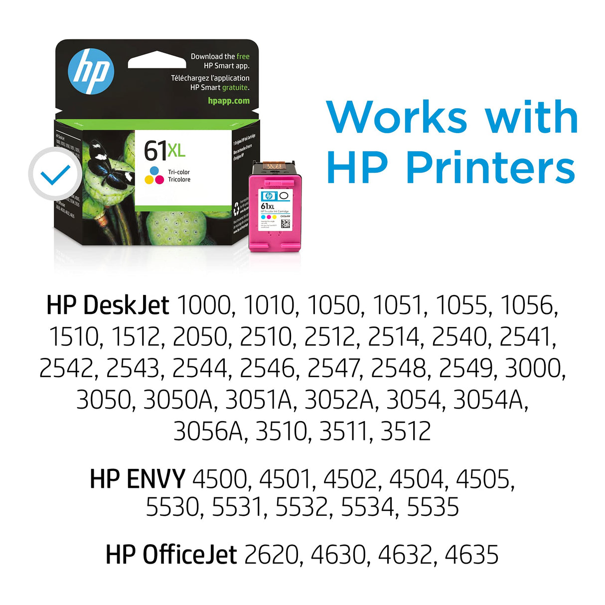 HP 61XL Tri-color High-yield Ink | Works with DeskJet 1000, 1010, 1050, 1510, 2050, 2510, 2540, 3000, 3050, 3510; ENVY 4500, 5530; OfficeJet 2620, 4630 | Eligible for Instant Ink | CH564WN HP