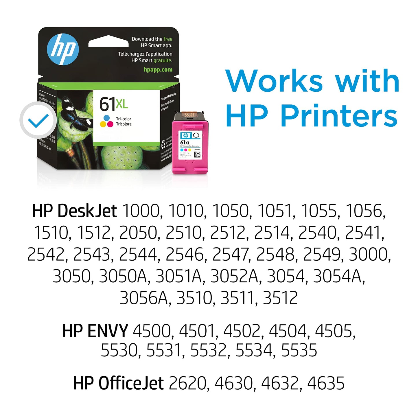 HP 61XL Tri-color High-yield Ink | Works with DeskJet 1000, 1010, 1050, 1510, 2050, 2510, 2540, 3000, 3050, 3510; ENVY 4500, 5530; OfficeJet 2620, 4630 | Eligible for Instant Ink | CH564WN