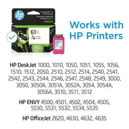 HP 61XL Tri-color High-yield Ink | Works with DeskJet 1000, 1010, 1050, 1510, 2050, 2510, 2540, 3000, 3050, 3510; ENVY 4500, 5530; OfficeJet 2620, 4630 | Eligible for Instant Ink | CH564WN