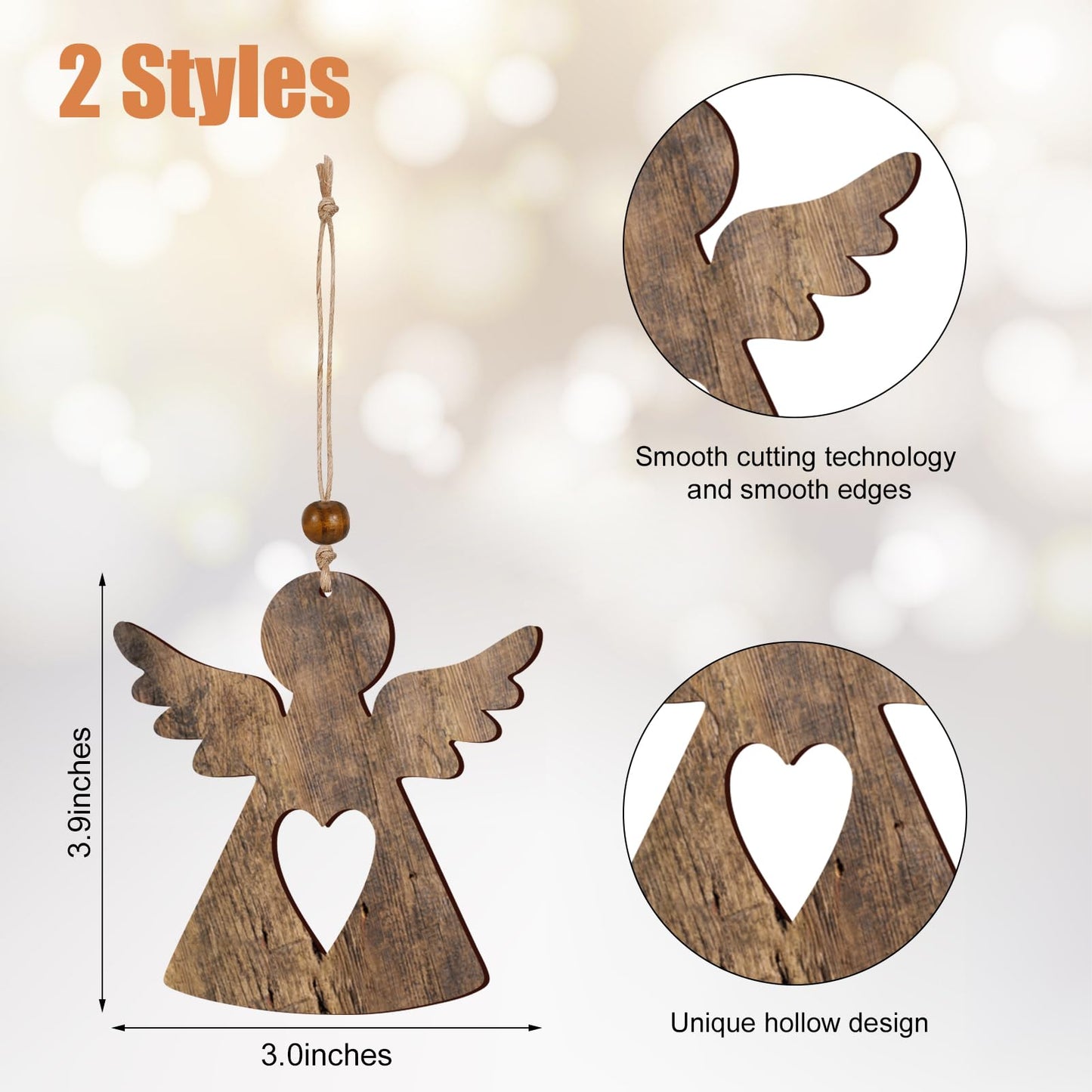 Chenkaiyang 24 Pcs Christmas Wooden Angel Ornaments Pack,Xmas Wood Angel Ornaments Bulk Xmas Tree Hanging Farmhouse Ornaments for Christmas Tree Party Decor