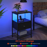 Sthmec Nightstands Set of 2, LED Bedside Tables with Charging Station and Fabric Drawer, Night Stand with Storage, 3 Tier Side Table with Open Shelf for Living Room, Bedroom, Black Generic