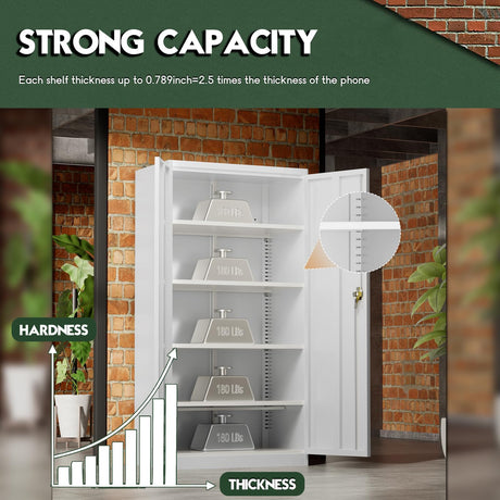 Pataku Metal Storage Cabinet, 72" Garage Cabinet with Doors and Shelves Lockable Steel Multifunctional Cabinet, White Tool Cabinet for Garage, File Cabinet for Home, Office, Warehouse Pataku
