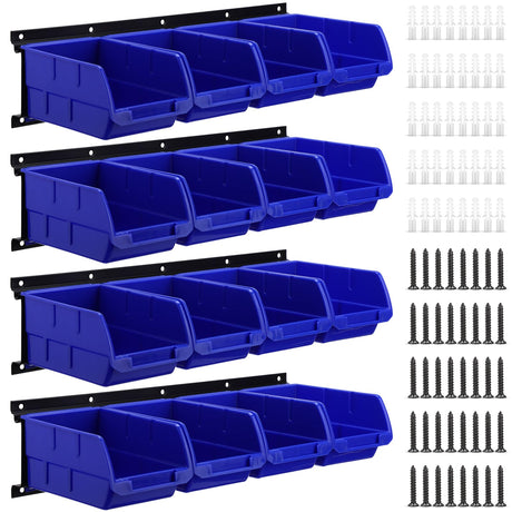 Maitys Wall Mounted Storage Bins Plastic Hanging Stackable Storage Parts Garage Tool Organizer for Screws, Nuts, Bolts, Nails, and Small Hardware Parts, 16x Bins & 4 x Rails(Blue) Maitys