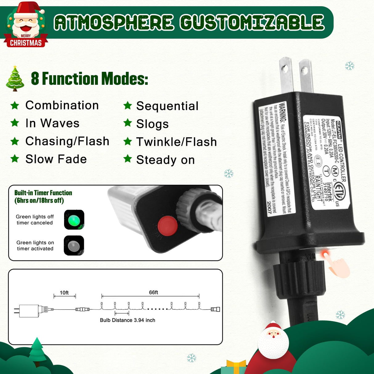 JMEXSUSS 66ft 200 LED Christmas Lights Outdoor, Warm White Christmas Tree Lights Indoor Plug in, 8 Modes Twinkle Christmas String Lights for Tree Outside Bedroom Wedding Party Ceiling Home Decorations JMEXSUSS