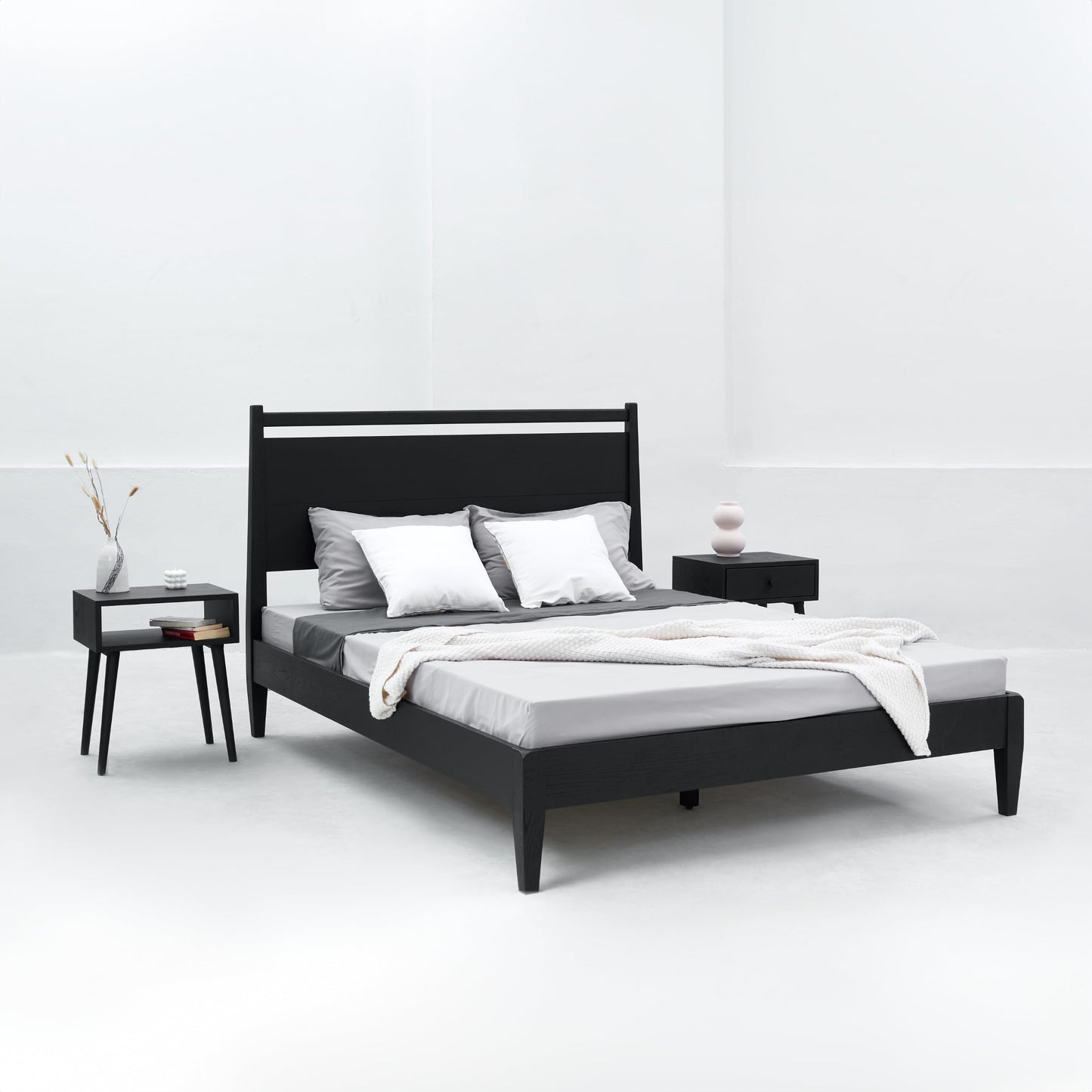 NTC Adept King Wooden Bed Frame with Headboard - Solid Oak, Silent Slats, Effortless Assembly, Burnt Black - WoodArtSupply