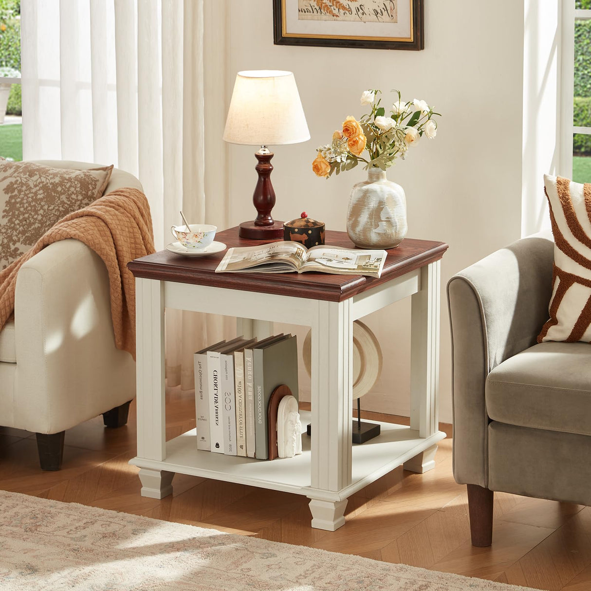 Farmhouse End Table with 2-Tier Storage Shelf, 22.8 inch Side Table for Living Room,Modern Nightstand,Small Bedside Table for Bedroom,White SAVOR LIFE