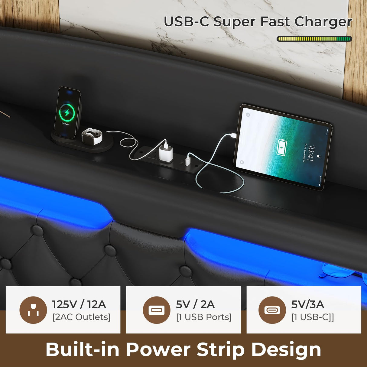 ADORNEVE King Floating Bed Frame with Hidden Storage Headboard and RGB LED Lighting ADORNEVE