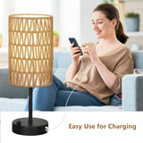 Touch Table Lamp For Bedroom with Bulb, Boho Small Desk Lamp For Living Room With Rattan & Linen Shade, 3 Way Dimmable Bedside Table Lamp For Nightstand With USB Charging Port & Phone Stand For Office Eayaya