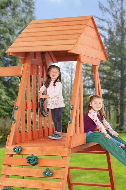 Cedar Chalet Wooden Backyard Playset | W: 213" D: 109" H: 111" | w/ 2 Belt Swings & Trapeze | Kids Age 3-10 | Sandbox, Slide & Climbing Wall | DIY Assembly | ASTM Standards | 10-Year Warranty on Wood