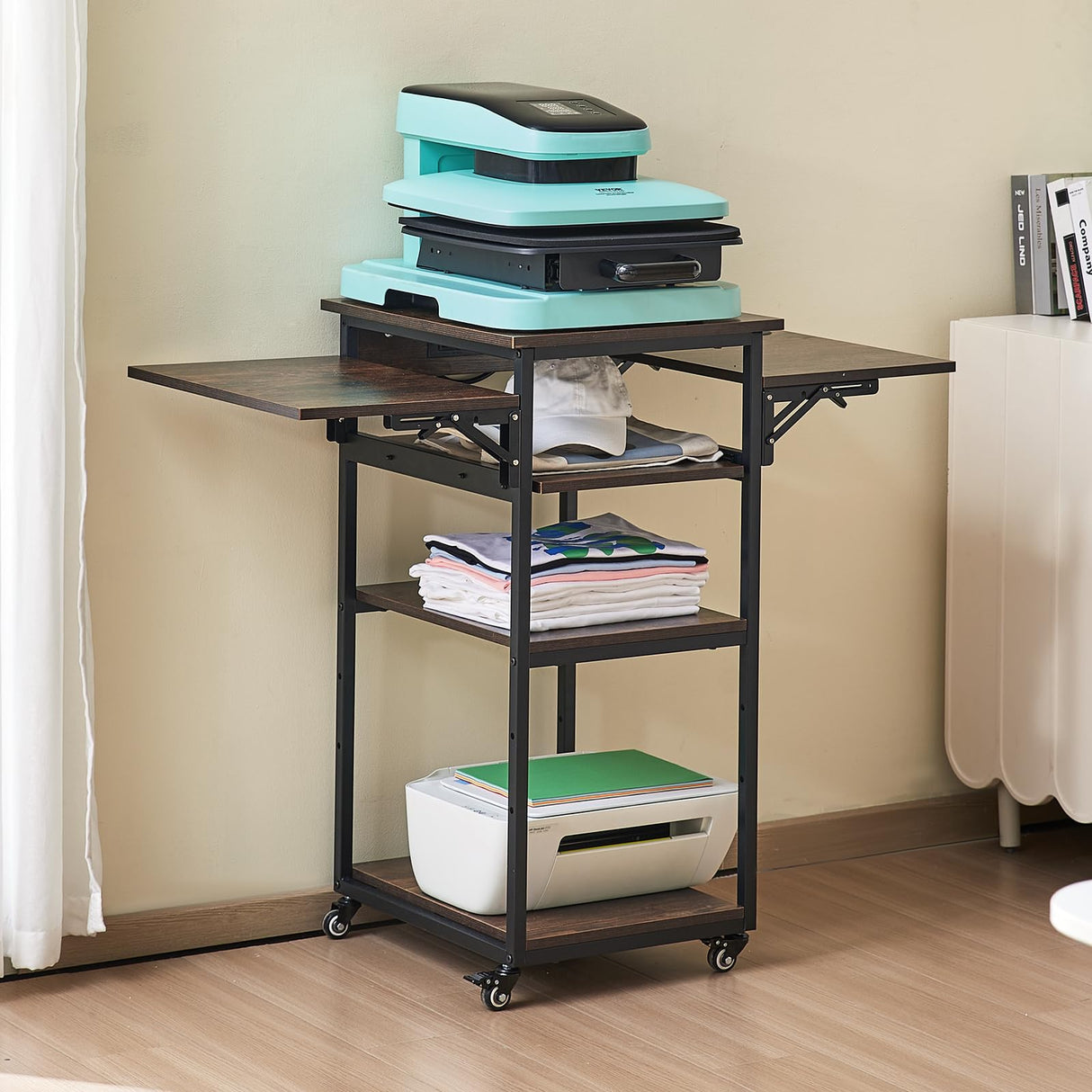 VEVOR Movable Heat Press Table with Charging Station, 4 Tier Foldable Heat Press Stand with Pull-Out Tray for Heat Transfer Sublimation Printer Sublimation Transfer Machine Organization VEVOR