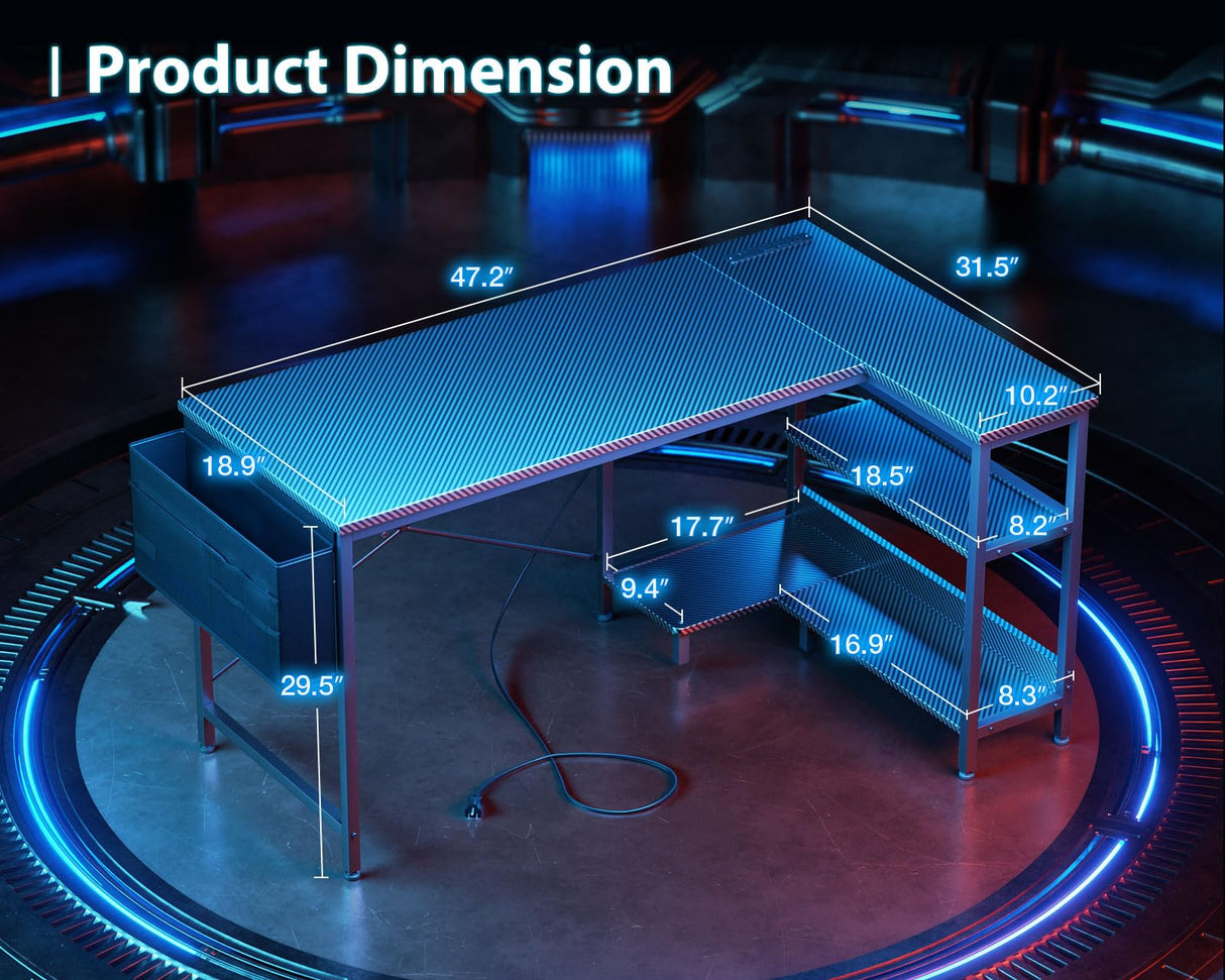 ODK 48 Inch Small L Shaped Gaming Computer Desk with Power Outlets, Corner Desk with Reversible Storage Shelves & PC Stand for Small Space, Modern Simple Home Office Table, Carbon Fiber Surface, Black ODK