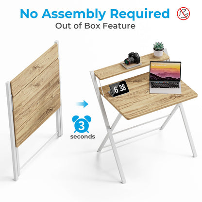 GreenForest Folding Desk No Assembly Required Small Size, 2-Tier Foldable Computer Desk with Shelf for Home Office, Space Saving Portable Laptop Study Foldable Table for Small Spaces, Oak - WoodArtSupply