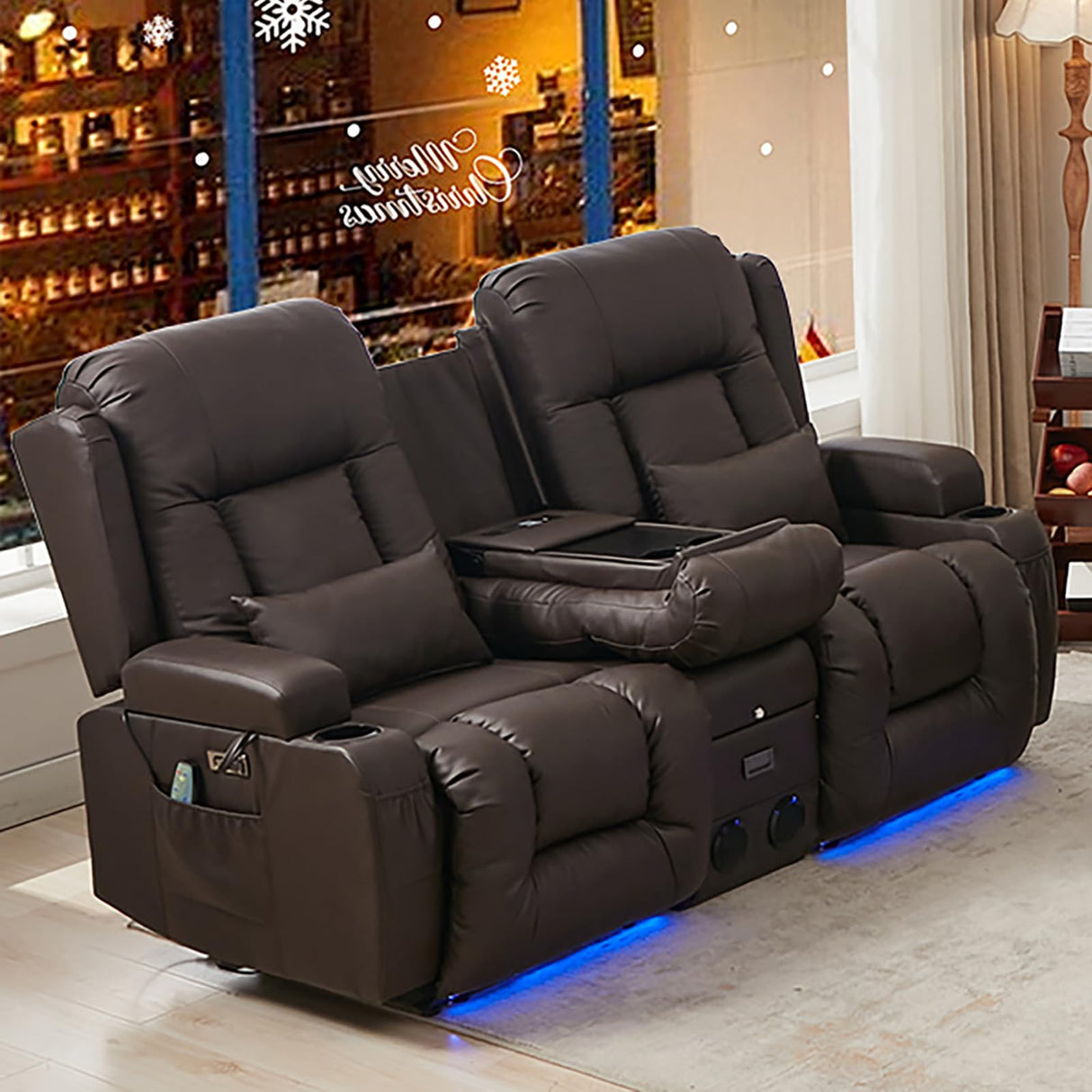 IPKIG Power Loveseat Recliner - 67" Reclining Loveseat 2-Seater Recliner Sofa with Console, 4 Colors LED Strip, AC Outlets, USB-A/C Ports and Cup Holders for Living Room Home Theater (Brown, 2-Seater) IPKIG