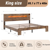 Decoholic King Size Wooden Bed Frame, Storage Headboard with Charging Station & Led Lights, Solid and Stable, Noise Free,Rustic Farmhouse Sturdy Framework Wood Bedframe, Easy Assembly Decoholic