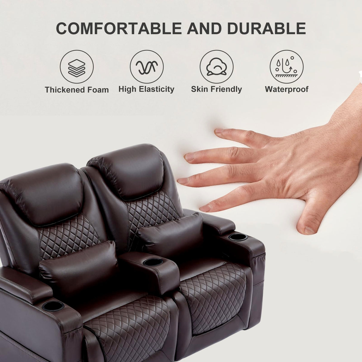 Attliahome 61" RV Loveseat Recliner, Double Recliner Furniture with 3 Arms and 2 Pillows, Wall Hugger Recliners & 135° Reclining Theater Seating (Brown PU Leather RV Couch) Attliahome