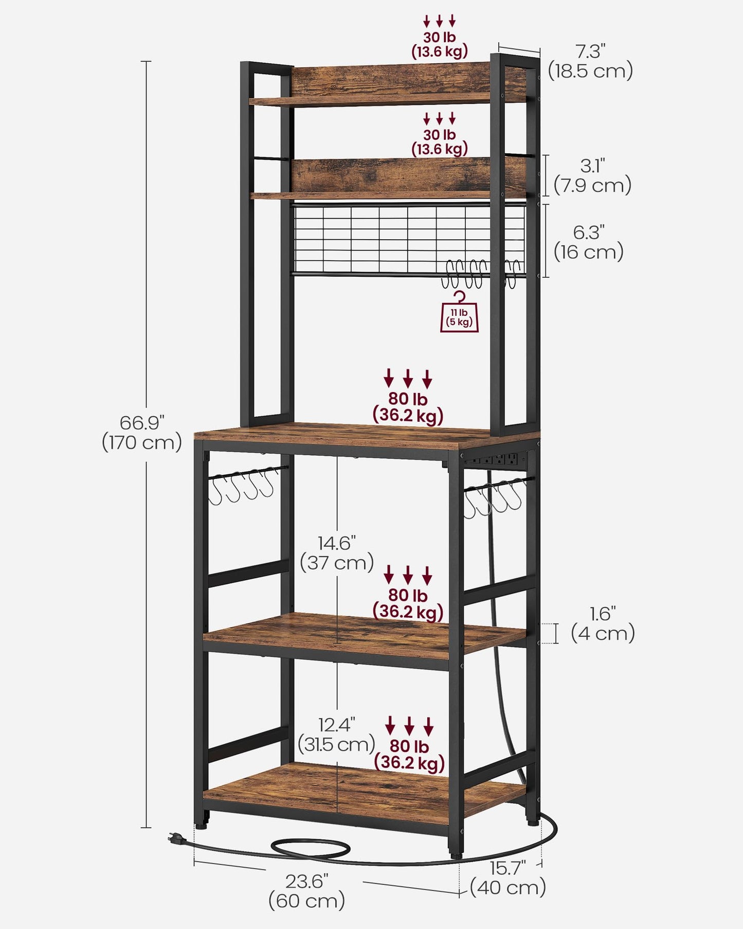 VASAGLE Rustic Brown and Black Microwave Stand with Power Outlet and 14 Hooks, Adjustable Kitchen Bakers Rack - WoodArtSupply