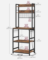 VASAGLE Rustic Brown and Black Microwave Stand with Power Outlet and 14 Hooks, Adjustable Kitchen Bakers Rack VASAGLE