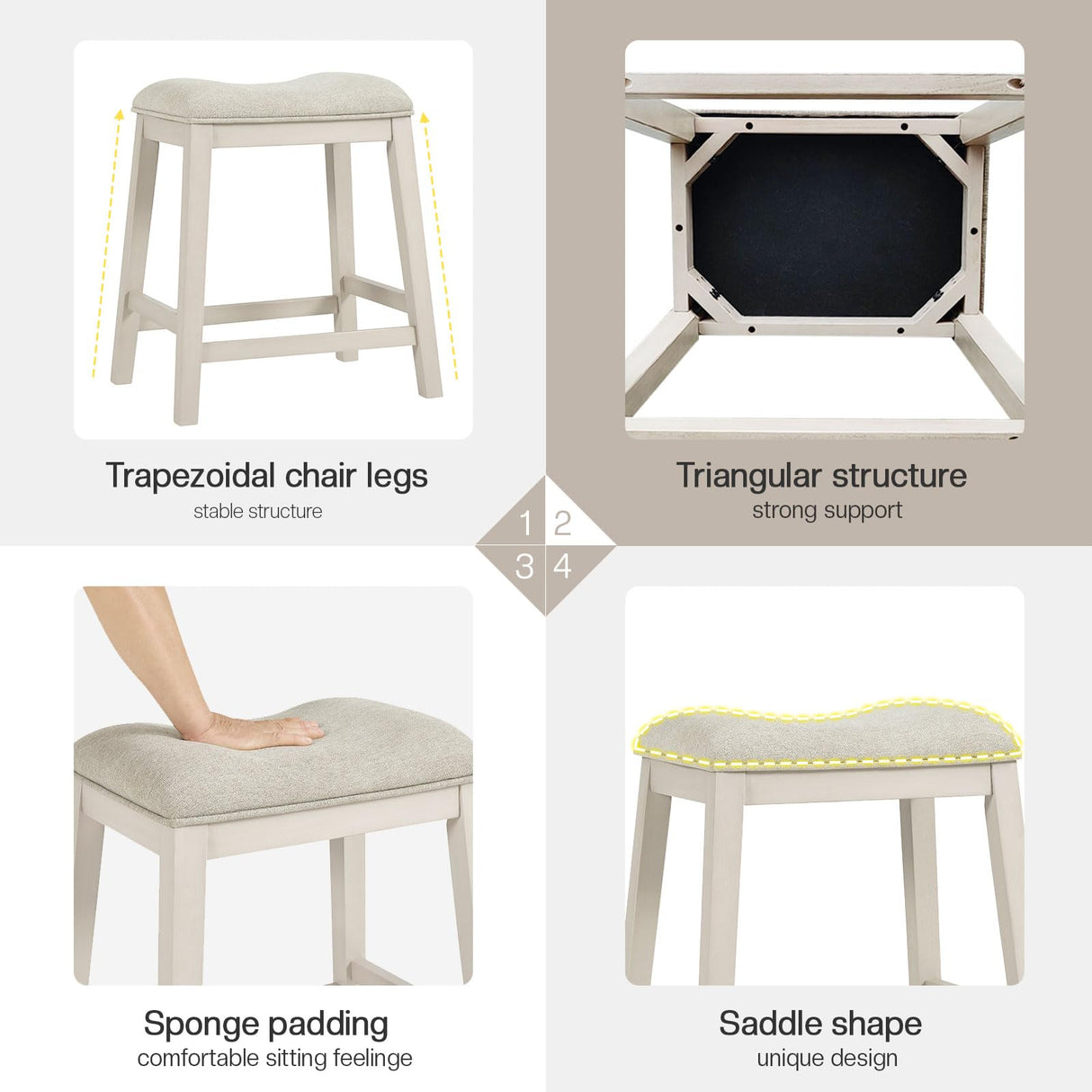 AMERLIFE 5-Piece Solid Wood Counter Height Kitchen Island Table Set with Storage, Farmhouse Dining Table & Upholstered Stools, Rustic Brown & White AMERLIFE