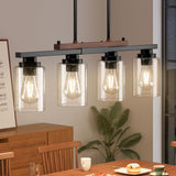 Amico Dining Room Light Fixture 4-Light Kitchen Island Lighting with Adjustable Rods, Farmhouse Decor Black Metal & Wood Chandelier with Seeded Glass Shade, Island Lights for Kitchen Amico