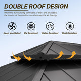 Gotland 12' x 14' Khaki Hardtop Gazebo with Curtains and Netting, Double Roof Iron Metal Pergola for Patio, Garden, Lawn Gotland