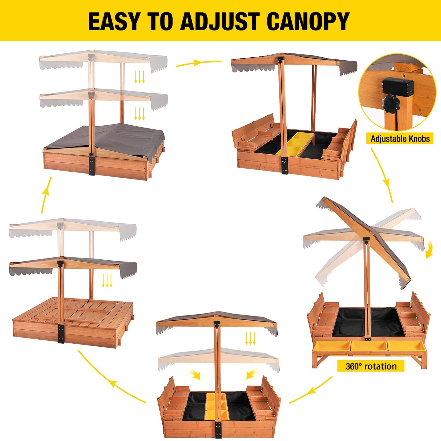 Aivituvin Kids Wooden Sandbox for Backyard, Large Sand Box with 2 Bench Seats and Toy Bin Storage- Bottomless Sand Pit