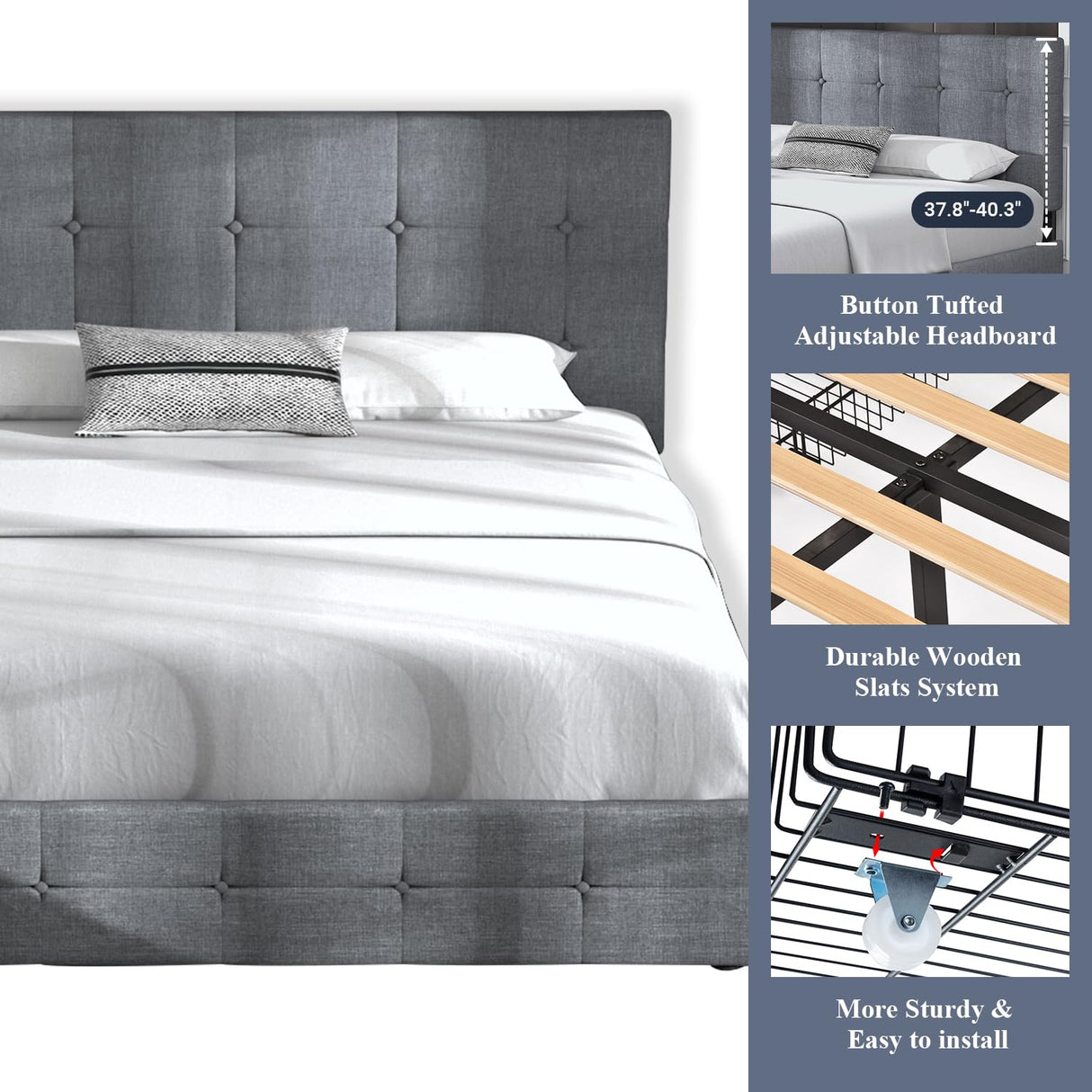 Allewie Light Grey Upholstered Full Size Platform Bed Frame with Adjustable Headboard & 4 Storage Drawers Allewie