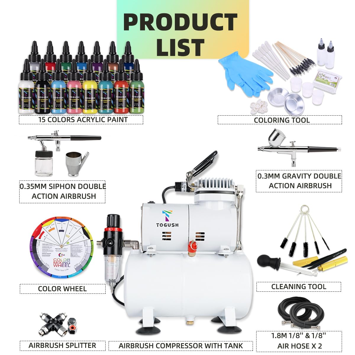 T TOGUSH Airbrush Kit with Air Compressor, 15 Color Airbush Paint, Gravity Airbrush And Siphon Airbrush, 1/6 HP Quiet Air Compressor with 3L Tank, Airbrush for Model Hobby Craft DIY Painting T TOGUSH